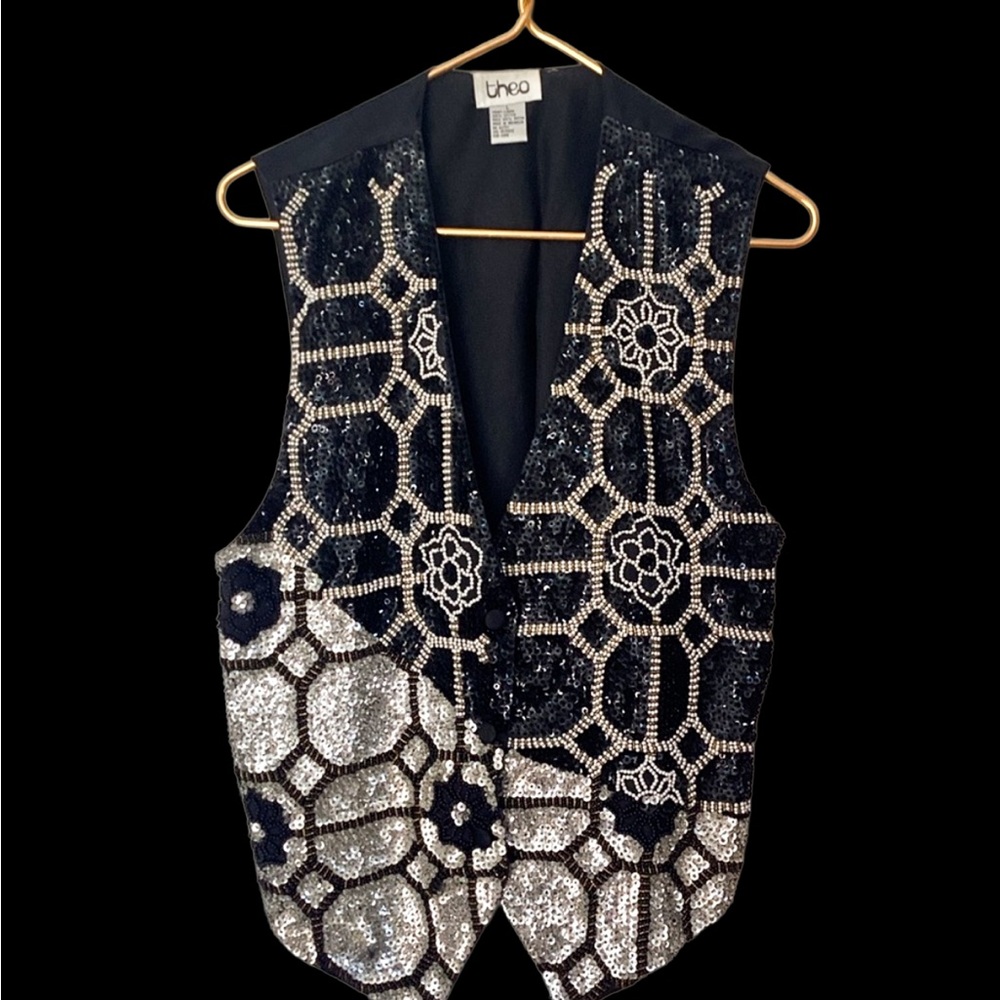 VINTAGE Theo 90’s Embellished Black and Silver Beaded Vest-Dazzling Beadwork! - Picture 2 of 15